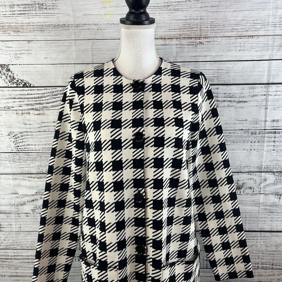 Ann Taylor Duster Jacket size Medium Black Ivory Checks Stretch Pockets Career - Picture 2 of 12